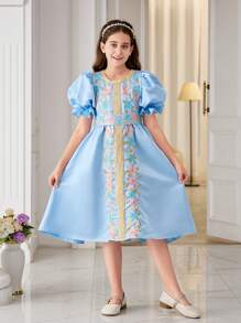 SHEIN Tween Girl Glamorous Round Neck Bubble Sleeve Midi Dress - Blue - View 5