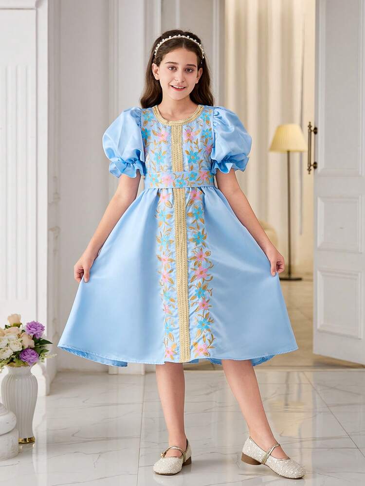 Tween Girl Glamorous Round Neck Bubble Sleeve Midi Dress