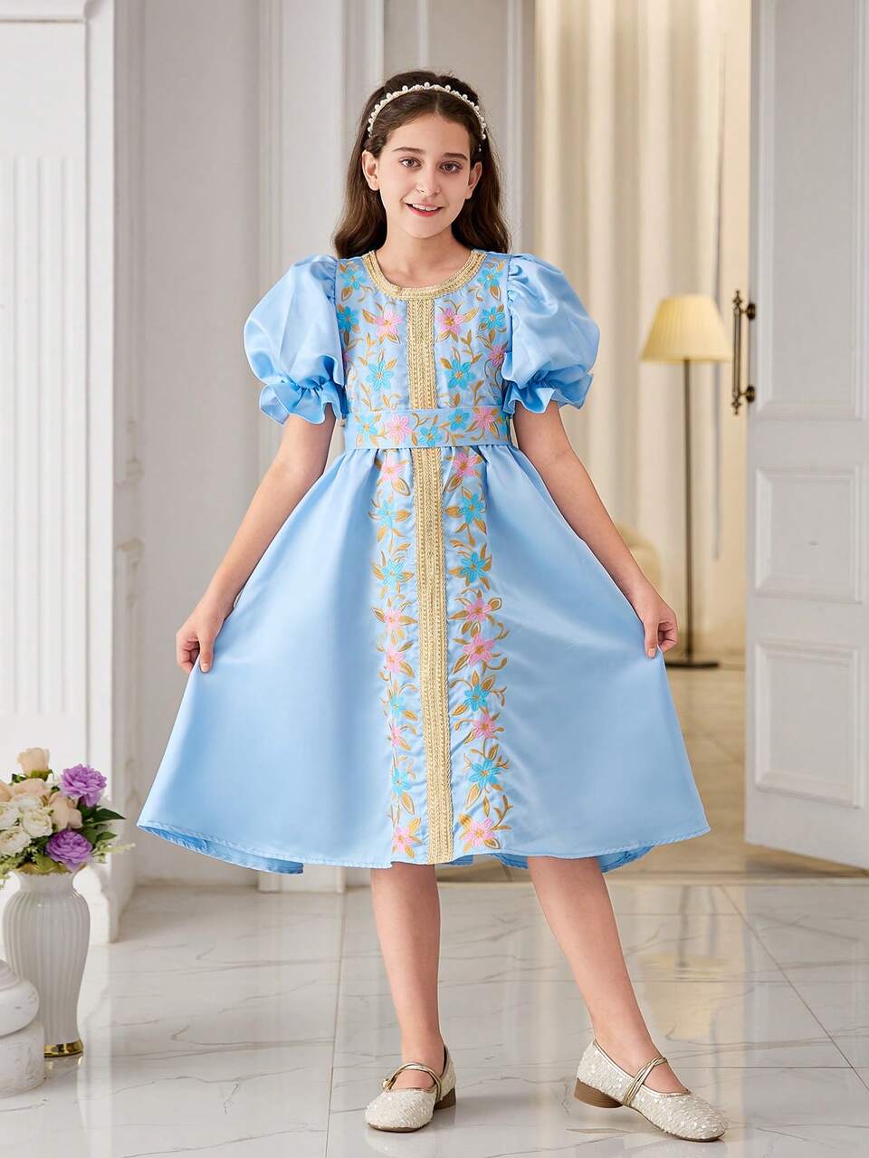 Tween Girl Glamorous Round Neck Bubble Sleeve Midi Dress