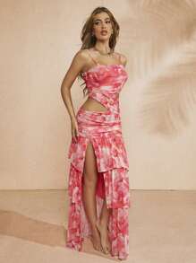 L'Amorae Women's Pink Printed Hollow Out Pleated Cami Dress, Summer