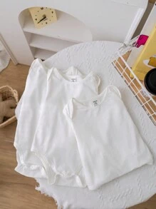 SHEIN Ensemble de 3 bodies à manches longues de couleur unie pour bébé garçon ou bébé fille, convient pour la maison et l'extérieur - Blanc - Voir 5
