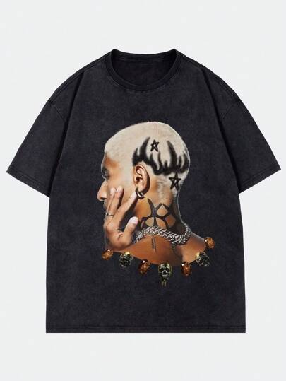 Street Life Camiseta de manga corta de hombre con estampado de retrato, floral lavado de nieve, de estilo vintage de calle alta para verano