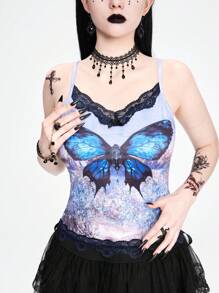 ROMWE Grunge Punk 性感简约性感蕾丝吊带背心，不对称下摆，蝴蝶和风景印花，女士领结装饰