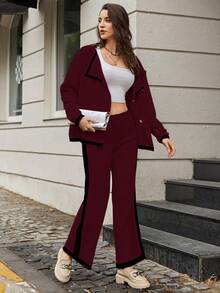 EURMUSE Women's Color Block Ribbed Edge Cardigan And Long Pants Two-Piece Set - Burgundy - View 3