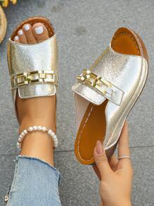 Plus Size Women's Summer Fashionable Metal Square Buckle Wedge Heel Sandals, 36-45 - 金色 - 查看 3
