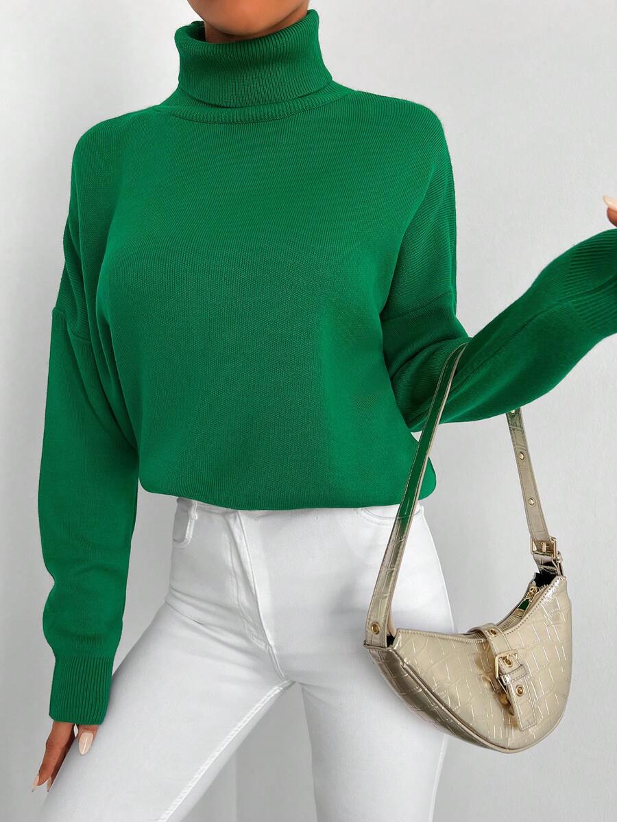 EURMUSE Turtleneck Drop Shoulder Sweater - Green - View 1
