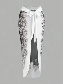 SHEIN VCAY 大尺碼印花裙型泳裝套裝 - 黑色 - 查看 4
