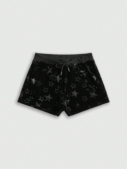 Grunge Punk Star Print Drawstring Waist Velvet Shorts