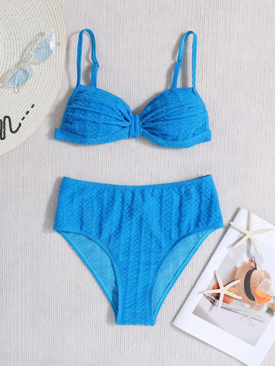 SHEIN Teen Girls Crochet Jacquard Bow Tie Top And Triangle Tankini Swimwear Set - Blue - View 1