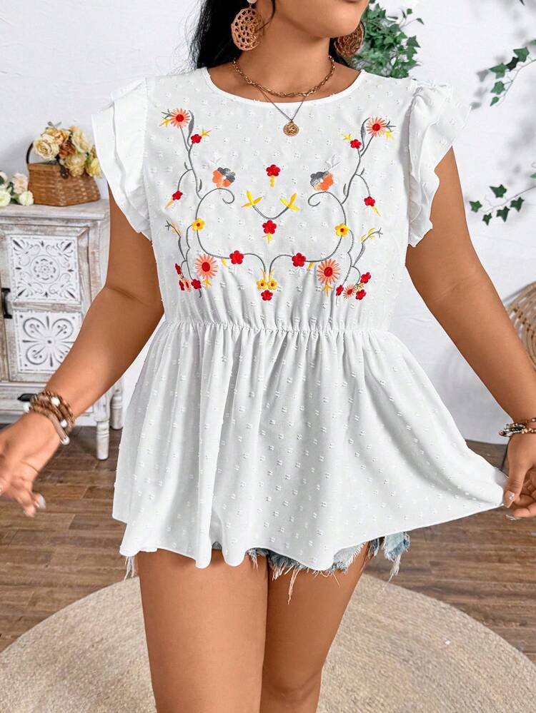 Plus Size Women Summer Round Neck Cap Sleeve Embroidered Flower Detail Sheer Fabric Top