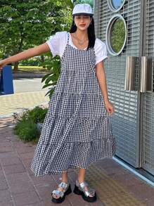 DAZY 女士休闲格子印花夏日假日细肩带连衣裙太阳裙 - 藏蓝色 - 查看 4