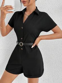 SHEIN PETITE Button Front Batwing Sleeve Romper Without Belt - Black - View 5