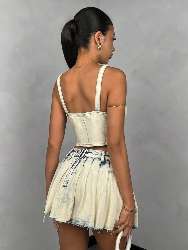 Vintage Blue Pleated Denim Mini Skirt&Summer&Festival&Summer&Country Concert&Rave Festival