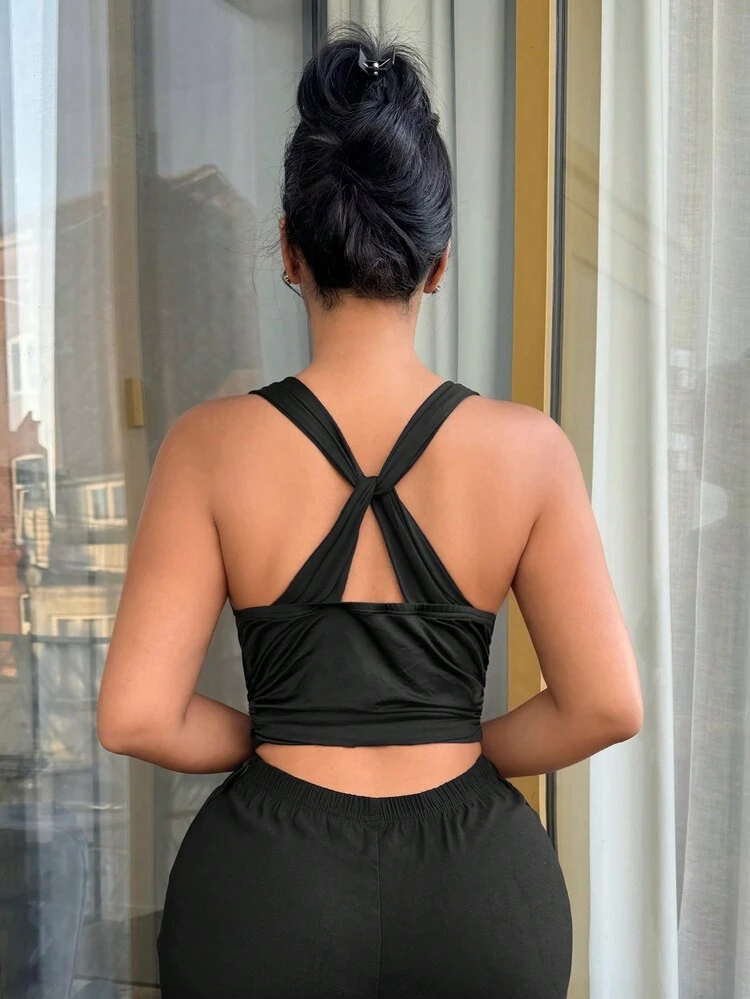 Summer Dance Sexy Draped Neck Ruched Slim Cropped Tank Top