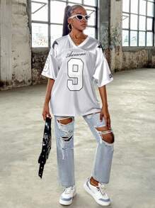 SHEIN Leap Crew Camiseta casual de manga corta con cuello en V para adolescente con ajuste cómodo y parche digital impreso en patchwork - Gris - Ver 5