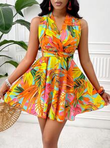 Amarilo Tropical Plant Print Backless V-Neck Sleeveless Summer Vacation Dress (Random Floral Pattern)