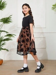 Robe d'été élégante en maille floquée avec contraste bouffant pour jeune fille - Noir - Voir 6