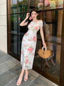 DAZY 女士修身优雅露肩碎花夏季连衣裙舞会礼服 - 白色 - 查看 6