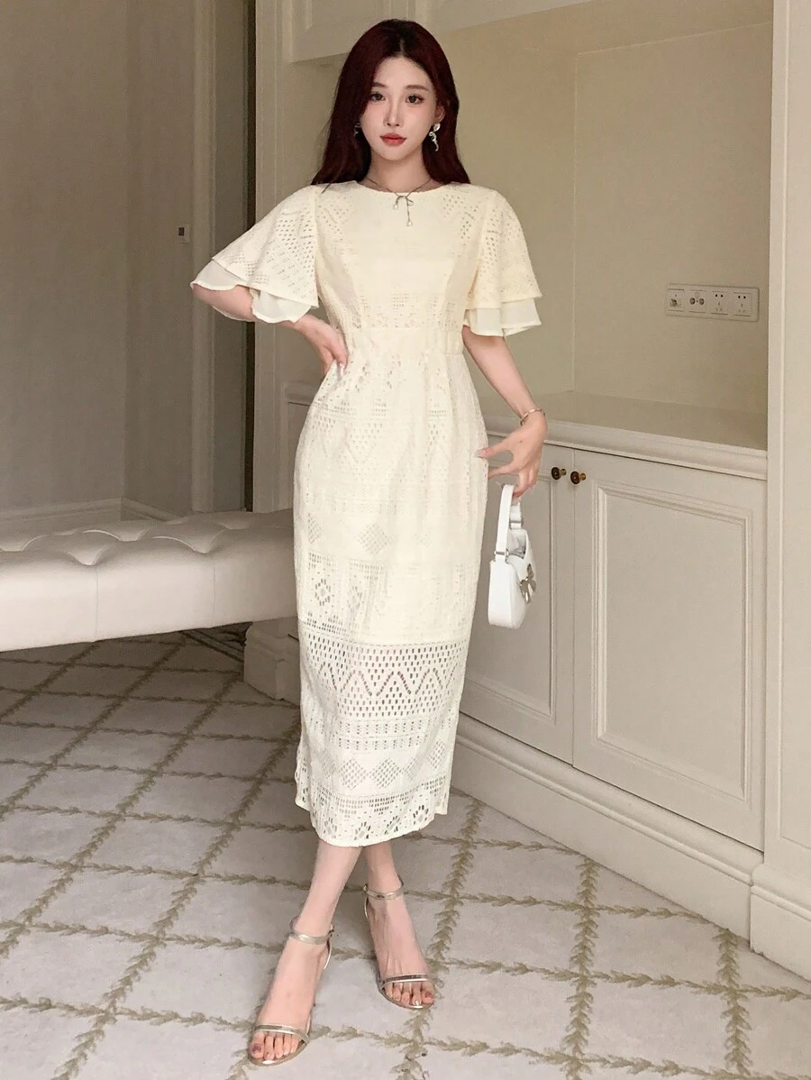 DAZY Đầm dạ hội màu trơn hở vai tay ngắn thanh lịch cho nữ - Màu be - Xem 1