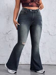 SHEIN EZwear Quần jean ống loe cỡ lớn thông thường với thiết kế đau khổ và giặt sạch - Màu xanh lam - Xem 5
