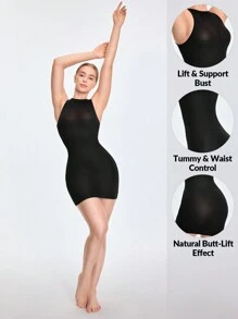 SHAPORA Seamless Scoop Neck Shapewear Slip Dress Body Shaper Bust& Butt Lifter-Tummy Waist Control - Black - View 4