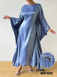 Rafferiza Đầm Maxi Nữ Cổ Tròn Tay Cánh Dơi Màu Trơn Rộng Rãi Thường Ngày Phù Hợp Với Ngày Lễ - Màu xanh lam - Xem 5