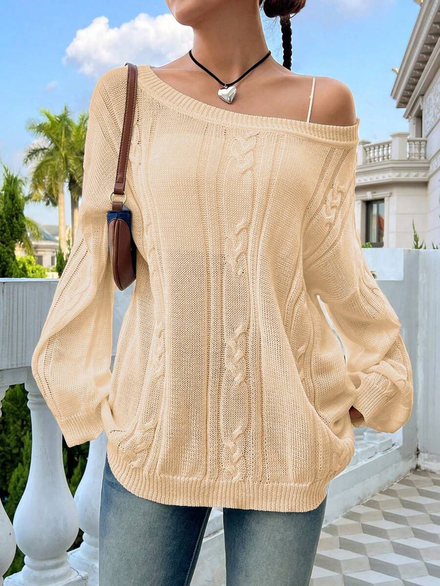 SHEIN Unity 女士纯色简约日常长袖套头毛衣，针织套头衫，秋冬款 - 杏色 - 查看 1