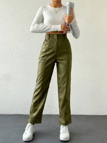 RueChic Women Straight-Legged Casual Long Pants In Solid Color PU Leather
