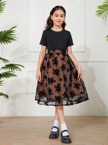 Robe d'été élégante en maille floquée avec contraste bouffant pour jeune fille - Noir - Voir 4