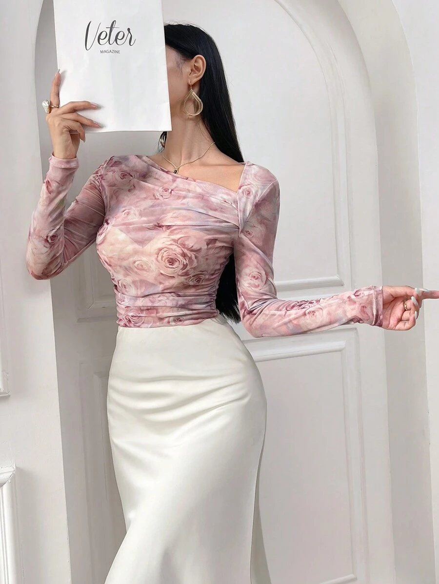 Modelyn 女士时尚不对称领印花长袖上衣 - 彩色 - 查看 1