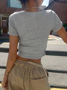 DAZY 女士短款修身純色T恤 - 灰色 - 查看 3
