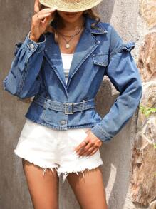 Breezaya 女式花邊翻領單排釦丹寧外套，腰間綁帶，長袖休閒外套 - 藍色 - 查看 3