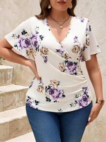SHEIN Clasi VLing Camiseta de manga corta elegante de talla grande con estampado floral y pliegues, verano
