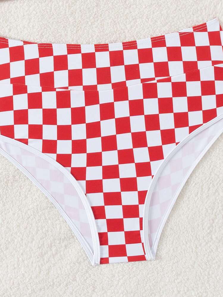 Women's Summer Beach Gingham Round Neck Halter Bikini Set, Random Print