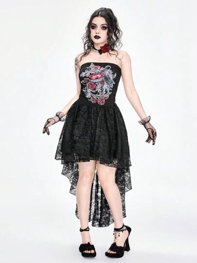 Goth Top corto con fruncido lateral estilo vintage con patrón de cruz de vid y corazón con adornos de pedrería