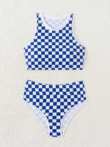 Women's Summer Beach Gingham Round Neck Bikini Set, Random Print - Blue and White - View 4