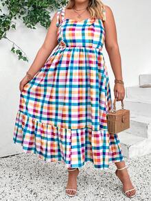 SHEIN CURVE+ Vestido a cuadros de tirantes con talla grande para vacaciones informales - Multicolor - Ver 4