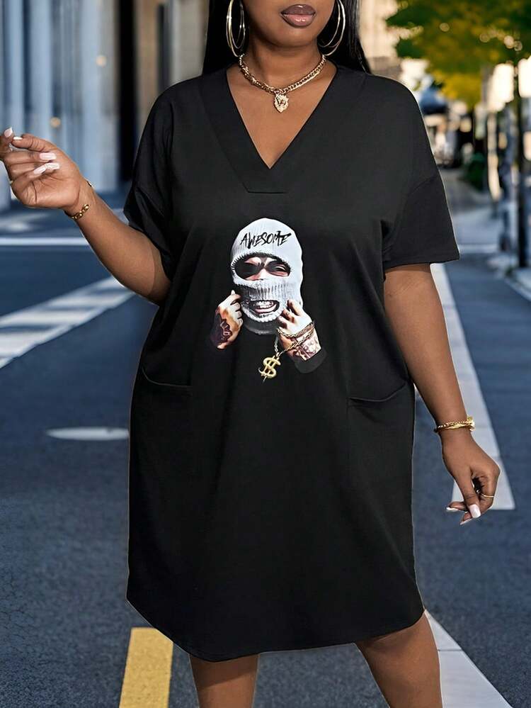 Plus Size Casual Loose Knitted Dress With Portrait Print, V-Neck, Summer Daily