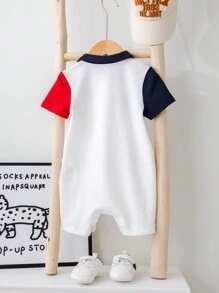 SHEIN 嬰兒男寶寶半開襟撞色短袖連體衣，帶按扣底部的立領套裝 - 白色 - 查看 2
