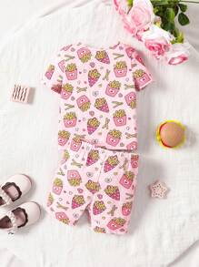 SHEIN Baby Girls' Cute Cartoon Fries & Burger Pattern Snug Fit Homewear Set - Pink - View 3
