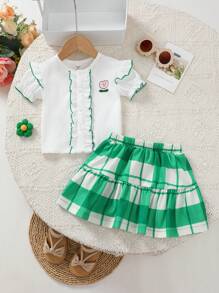 2pcs Baby Girls' Plaid Printed Short Sleeve Outfit Set - Green - View 1