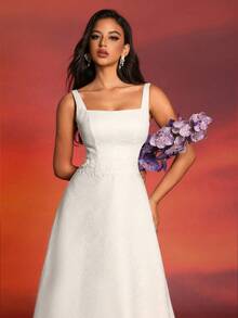 极简主义细肩带方领收腰提花压花细节法式轻婚纱 - 白色 - 查看 9