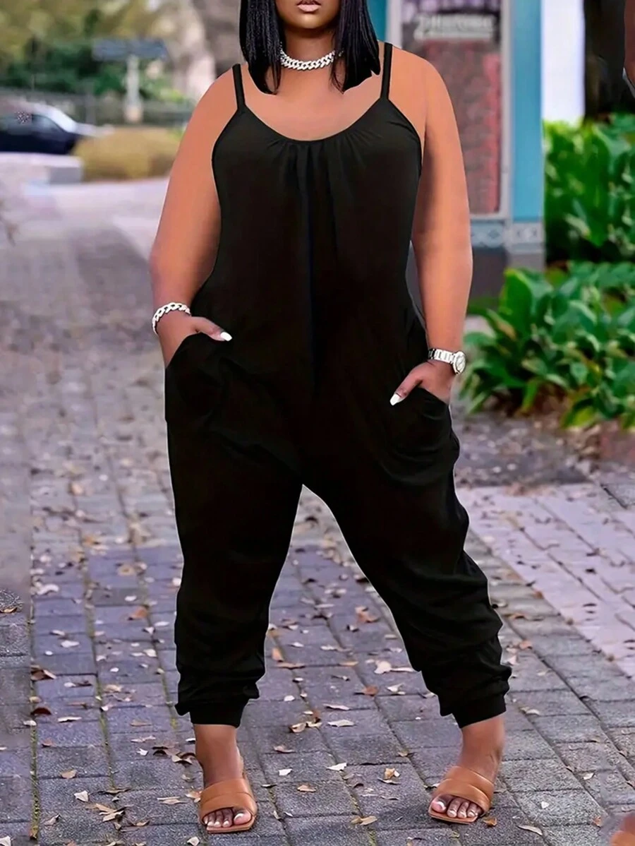 Maweii Bộ áo liền quần màu trơn thông thường mùa hè cỡ lớn có quai và còng ở mắt cá chân - màu đen - Xem 1