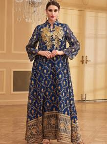 Siskakia Eid Muslim Dress Sequin V-Neck Gold Floral Print Mesh Loose For Women Party Modest Clothing Moroccan Islamic - Navy Blue - View 1