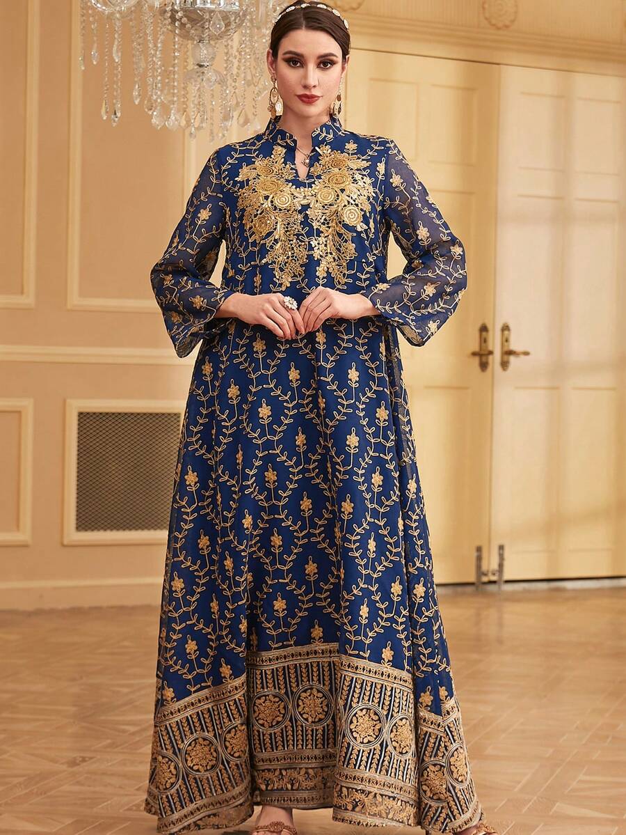 Siskakia Eid Muslim Dress Sequin V-Neck Gold Floral Print Mesh Loose For Women Party Modest Clothing Moroccan Islamic - Navy Blue - View 1