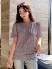 DAZY Solid Color Puff Sleeve Integrated Short Sleeve Women's T-Shirt Summer,Ruffle - Purple - View 3