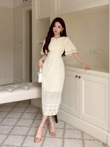 DAZY Femei Eleganta Maneca Scurta Scobit Rochie Solid Color Rochie Bal Rochie Sundress - Bej - Vizualizare 3