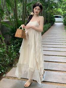 DAZY 女式不对称下摆夏季连衣裙，带吊带连衣裙舞会礼服 - 米色 - 查看 3