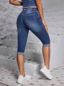 SHEIN PETITE Women's Fashionable Slim Fit Mid-Length Jeans With Distressed Design ,Petite Women - Blue - View 2