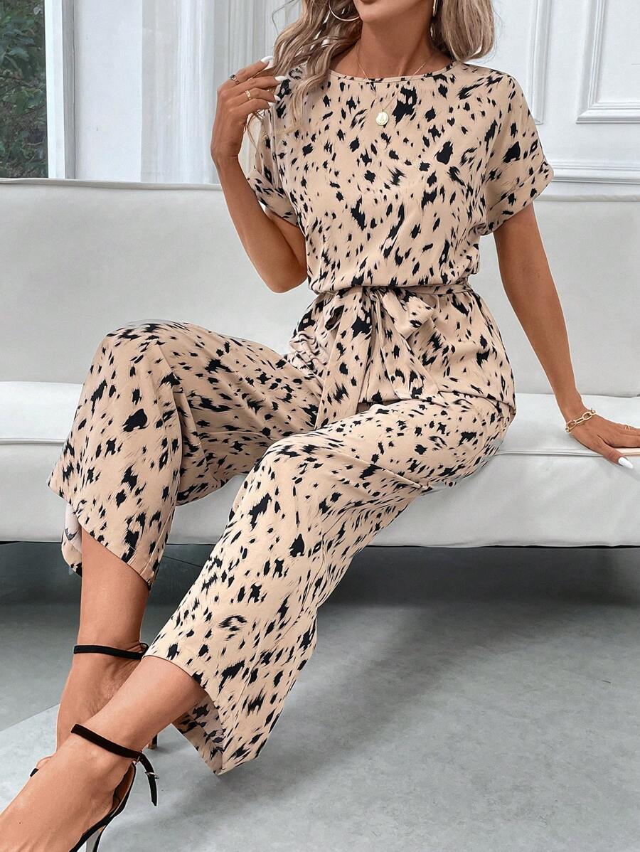 SHEIN Clasi 女士卡其色豹紋動物圖案喇叭袖吊帶優雅連身褲 - 彩色 - 查看 1